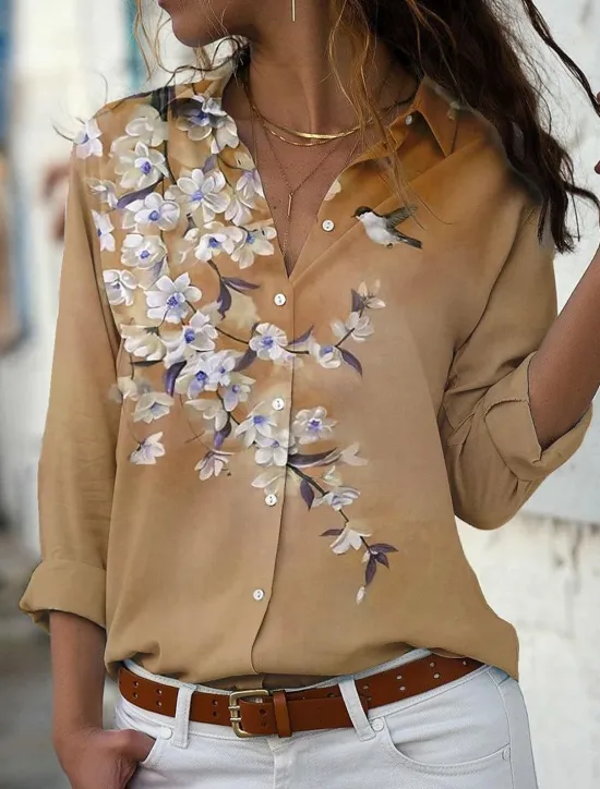 New Women's Shirt Blouse Casual Floral Buttons Print Long Sleeve Regular Tops Shirt Collar Vacation Daily Pink Blue Purple Khaki Spring & Fall Women Blouses & Shirts
