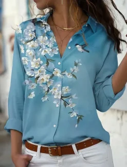 New Women's Shirt Blouse Casual Floral Buttons Print Long Sleeve Regular Tops Shirt Collar Vacation Daily Pink Blue Purple Khaki Spring & Fall Women Blouses & Shirts