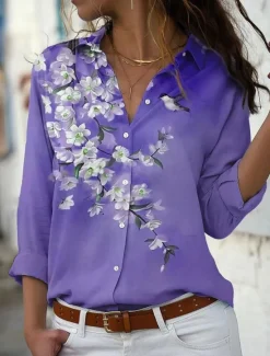 New Women's Shirt Blouse Casual Floral Buttons Print Long Sleeve Regular Tops Shirt Collar Vacation Daily Pink Blue Purple Khaki Spring & Fall Women Blouses & Shirts
