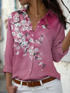 New Women's Shirt Blouse Casual Floral Buttons Print Long Sleeve Regular Tops Shirt Collar Vacation Daily Pink Blue Purple Khaki Spring & Fall Women Blouses & Shirts