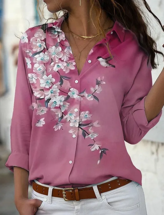 New Women's Shirt Blouse Casual Floral Buttons Print Long Sleeve Regular Tops Shirt Collar Vacation Daily Pink Blue Purple Khaki Spring & Fall Women Blouses & Shirts