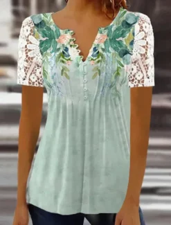 Women's Shirt Blouse Casual Floral Lace Buttons Print Short Sleeve Regular Tops Crew Neck Vacation Daily Pink Blue Green Summer Women Spring Tops