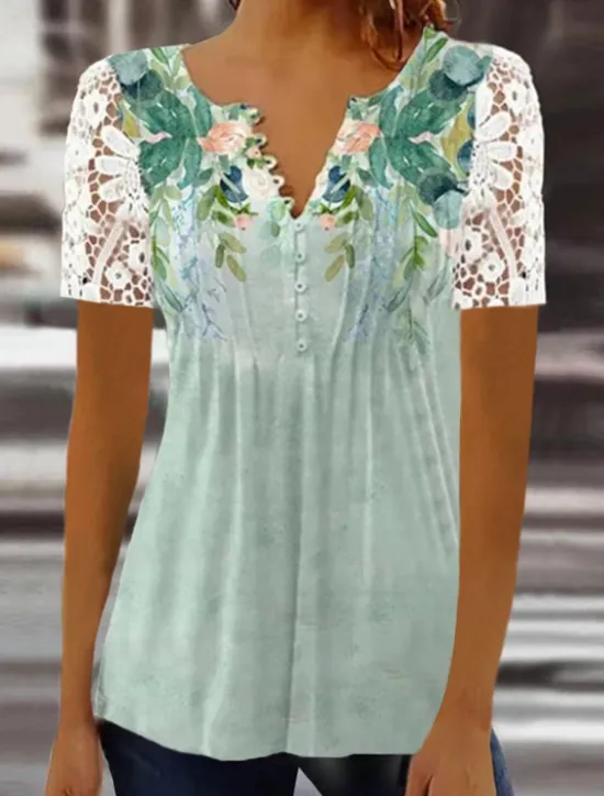 Women's Shirt Blouse Casual Floral Lace Buttons Print Short Sleeve Regular Tops Crew Neck Vacation Daily Pink Blue Green Summer Women Spring Tops