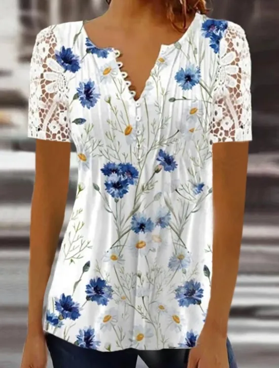 Women's Shirt Blouse Casual Floral Lace Buttons Print Short Sleeve Regular Tops Crew Neck Vacation Daily Pink Blue Green Summer Women Spring Tops