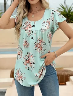 Sale Women's Shirt Blouse Casual Floral Buttons Print Short Sleeve Regular Tops Crew Neck Vacation Daily Black White Green Summer Women Spring Tops