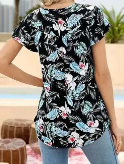 Sale Women's Shirt Blouse Casual Floral Buttons Print Short Sleeve Regular Tops Crew Neck Vacation Daily Black White Green Summer Women Spring Tops