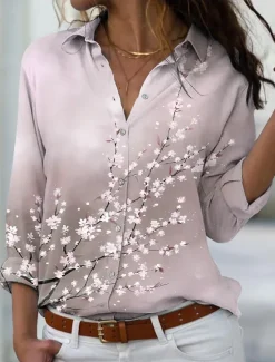 Women's Shirt Blouse Casual Floral Buttons Print Long Sleeve Regular Tops Shirt Collar Vacation Daily Pink Blue Green Spring & Fall Women Spring Tops