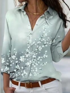 Women's Shirt Blouse Casual Floral Buttons Print Long Sleeve Regular Tops Shirt Collar Vacation Daily Pink Blue Green Spring & Fall Women Spring Tops