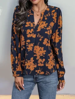 Outlet Women's Shirt Blouse Casual Floral Print Long Sleeve Regular Tops V Neck Vacation Daily Spring & Summer Women Spring Tops
