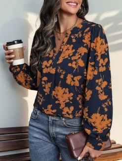 Outlet Women's Shirt Blouse Casual Floral Print Long Sleeve Regular Tops V Neck Vacation Daily Spring & Summer Women Spring Tops