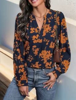 Outlet Women's Shirt Blouse Casual Floral Print Long Sleeve Regular Tops V Neck Vacation Daily Spring & Summer Women Spring Tops