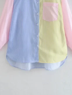 Online Women's Shirt Blouse Casual Color Block Striped Buttons Pocket Print Long Sleeve Regular Tops Shirt Collar Daily Pink Blue Spring & Summer Women Blouses & Shirts