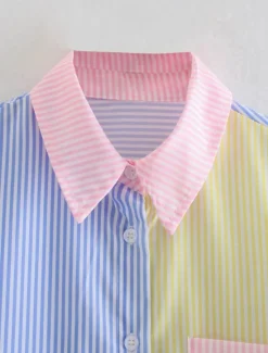 Online Women's Shirt Blouse Casual Color Block Striped Buttons Pocket Print Long Sleeve Regular Tops Shirt Collar Daily Pink Blue Spring & Summer Women Blouses & Shirts