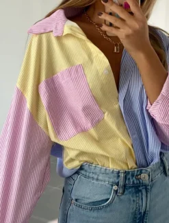 Online Women's Shirt Blouse Casual Color Block Striped Buttons Pocket Print Long Sleeve Regular Tops Shirt Collar Daily Pink Blue Spring & Summer Women Blouses & Shirts