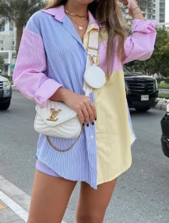 Online Women's Shirt Blouse Casual Color Block Striped Buttons Pocket Print Long Sleeve Regular Tops Shirt Collar Daily Pink Blue Spring & Summer Women Blouses & Shirts