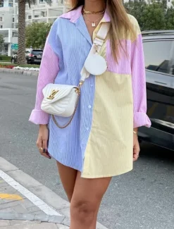Online Women's Shirt Blouse Casual Color Block Striped Buttons Pocket Print Long Sleeve Regular Tops Shirt Collar Daily Pink Blue Spring & Summer Women Blouses & Shirts