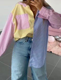 Online Women's Shirt Blouse Casual Color Block Striped Buttons Pocket Print Long Sleeve Regular Tops Shirt Collar Daily Pink Blue Spring & Summer Women Blouses & Shirts