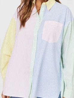 Online Women's Shirt Blouse Casual Color Block Striped Buttons Pocket Print Long Sleeve Regular Tops Shirt Collar Daily Pink Blue Spring & Summer Women Blouses & Shirts