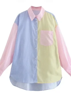 Online Women's Shirt Blouse Casual Color Block Striped Buttons Pocket Print Long Sleeve Regular Tops Shirt Collar Daily Pink Blue Spring & Summer Women Blouses & Shirts