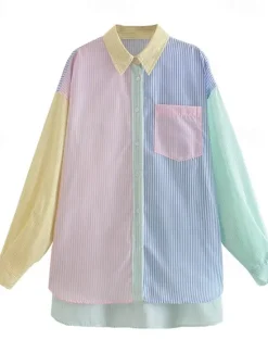 Online Women's Shirt Blouse Casual Color Block Striped Buttons Pocket Print Long Sleeve Regular Tops Shirt Collar Daily Pink Blue Spring & Summer Women Blouses & Shirts