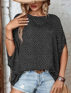 Discount Women's Shirt Blouse Casual Polka Dot Print Batwing Sleeve Short Sleeve Regular Tops Crew Neck Daily Summer Women Blouses & Shirts
