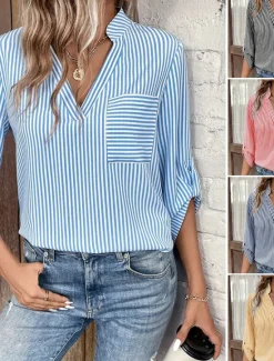 Clearance Women's Shirt Blouse Casual Striped Pocket Print Long Sleeve Regular Tops V Neck Daily Black Yellow Red Royal Blue Spring & Summer Women Blouses & Shirts