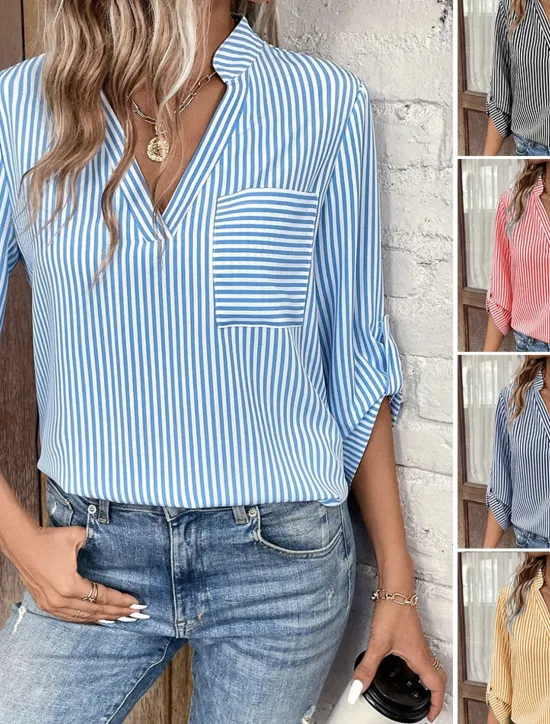 Clearance Women's Shirt Blouse Casual Striped Pocket Print Long Sleeve Regular Tops V Neck Daily Black Yellow Red Royal Blue Spring & Summer Women Blouses & Shirts