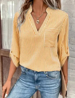 Clearance Women's Shirt Blouse Casual Striped Pocket Print Long Sleeve Regular Tops V Neck Daily Black Yellow Red Royal Blue Spring & Summer Women Blouses & Shirts