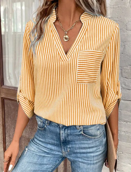 Clearance Women's Shirt Blouse Casual Striped Pocket Print Long Sleeve Regular Tops V Neck Daily Black Yellow Red Royal Blue Spring & Summer Women Blouses & Shirts