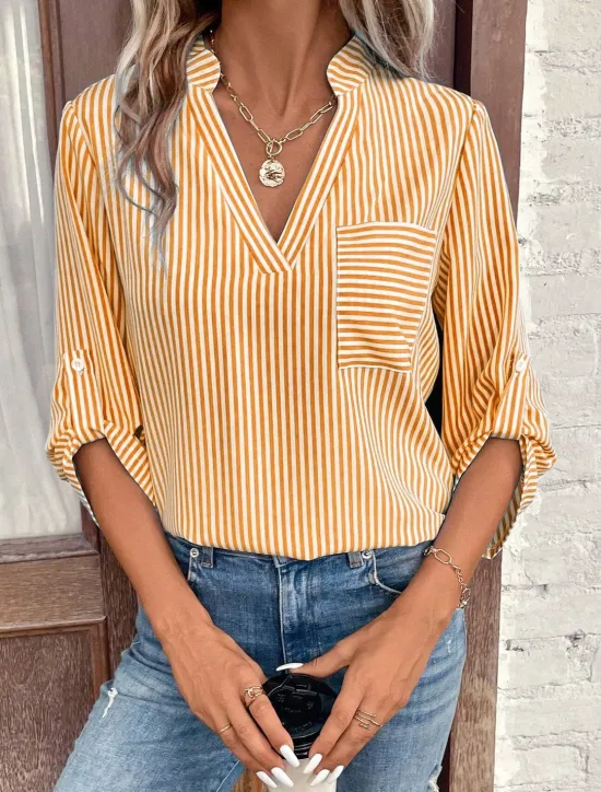 Clearance Women's Shirt Blouse Casual Striped Pocket Print Long Sleeve Regular Tops V Neck Daily Black Yellow Red Royal Blue Spring & Summer Women Blouses & Shirts