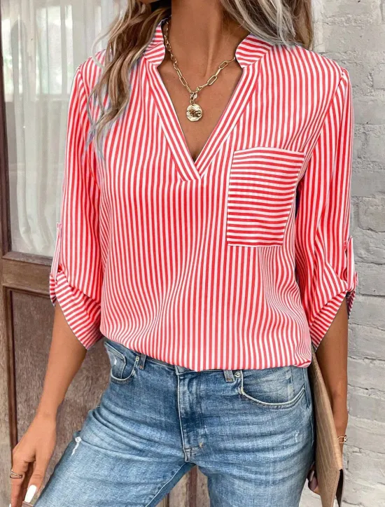 Clearance Women's Shirt Blouse Casual Striped Pocket Print Long Sleeve Regular Tops V Neck Daily Black Yellow Red Royal Blue Spring & Summer Women Blouses & Shirts