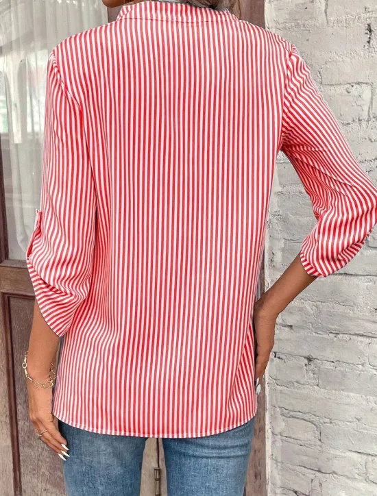Clearance Women's Shirt Blouse Casual Striped Pocket Print Long Sleeve Regular Tops V Neck Daily Black Yellow Red Royal Blue Spring & Summer Women Blouses & Shirts