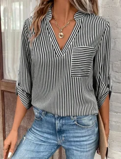 Clearance Women's Shirt Blouse Casual Striped Pocket Print Long Sleeve Regular Tops V Neck Daily Black Yellow Red Royal Blue Spring & Summer Women Blouses & Shirts