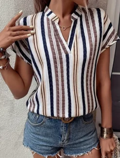 Clearance Women's Shirt Blouse Casual Striped Print Short Sleeve Regular Tops V Neck Vacation Daily Red Blue Khaki Summer Women Blouses & Shirts