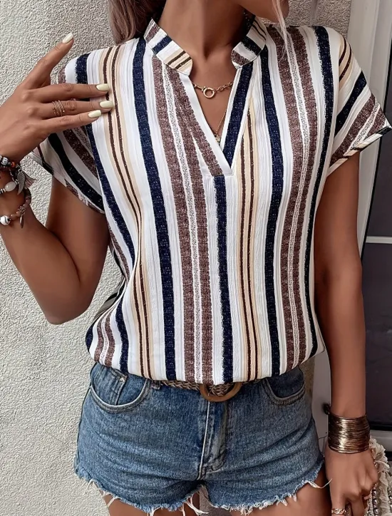 Clearance Women's Shirt Blouse Casual Striped Print Short Sleeve Regular Tops V Neck Vacation Daily Red Blue Khaki Summer Women Blouses & Shirts