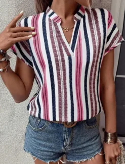 Clearance Women's Shirt Blouse Casual Striped Print Short Sleeve Regular Tops V Neck Vacation Daily Red Blue Khaki Summer Women Blouses & Shirts