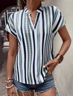 Clearance Women's Shirt Blouse Casual Striped Print Short Sleeve Regular Tops V Neck Vacation Daily Red Blue Khaki Summer Women Blouses & Shirts