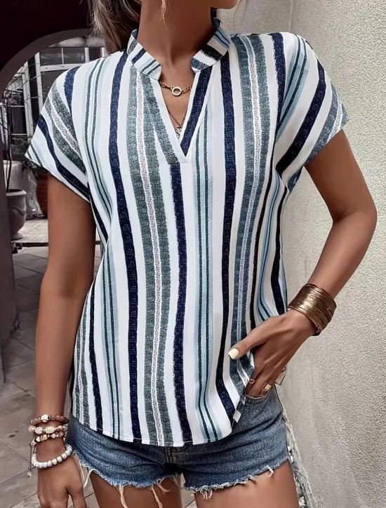 Clearance Women's Shirt Blouse Casual Striped Print Short Sleeve Regular Tops V Neck Vacation Daily Red Blue Khaki Summer Women Blouses & Shirts