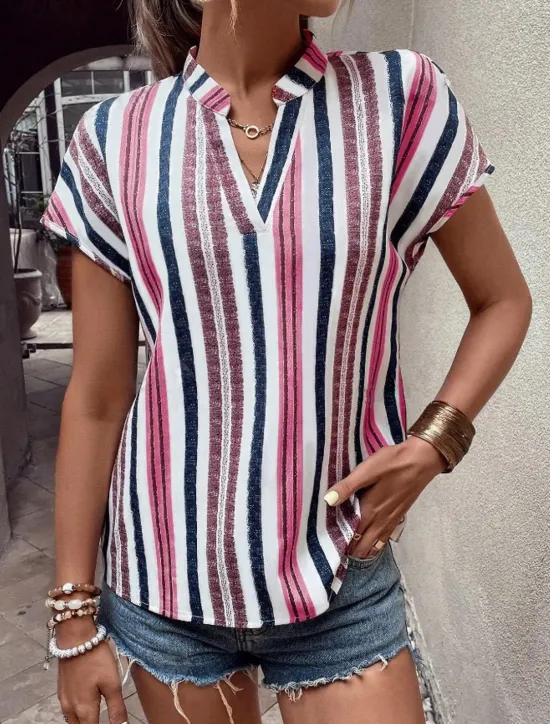 Clearance Women's Shirt Blouse Casual Striped Print Short Sleeve Regular Tops V Neck Vacation Daily Red Blue Khaki Summer Women Blouses & Shirts