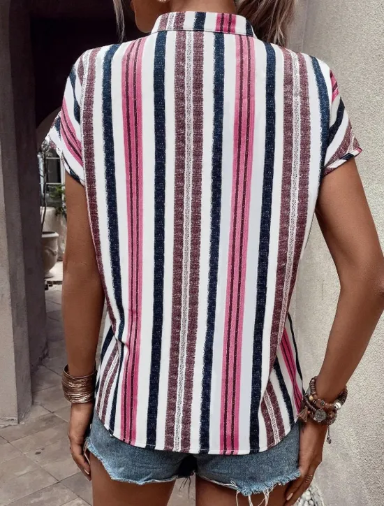 Clearance Women's Shirt Blouse Casual Striped Print Short Sleeve Regular Tops V Neck Vacation Daily Red Blue Khaki Summer Women Blouses & Shirts