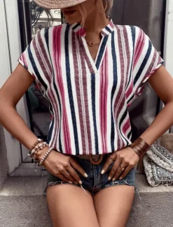 Clearance Women's Shirt Blouse Casual Striped Print Short Sleeve Regular Tops V Neck Vacation Daily Red Blue Khaki Summer Women Blouses & Shirts