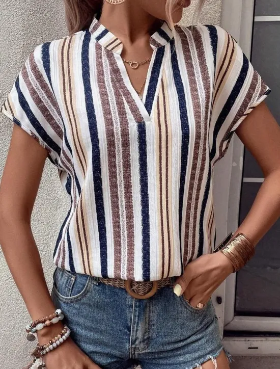 Clearance Women's Shirt Blouse Casual Striped Print Short Sleeve Regular Tops V Neck Vacation Daily Red Blue Khaki Summer Women Blouses & Shirts