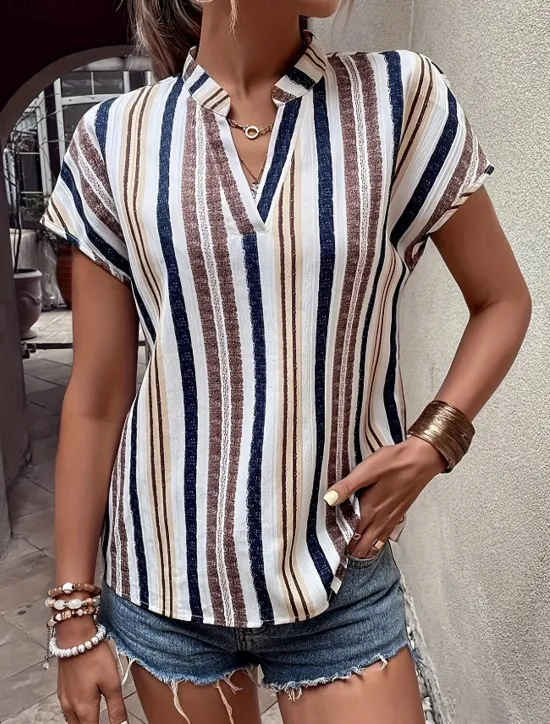 Clearance Women's Shirt Blouse Casual Striped Print Short Sleeve Regular Tops V Neck Vacation Daily Red Blue Khaki Summer Women Blouses & Shirts