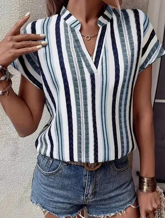 Clearance Women's Shirt Blouse Casual Striped Print Short Sleeve Regular Tops V Neck Vacation Daily Red Blue Khaki Summer Women Blouses & Shirts