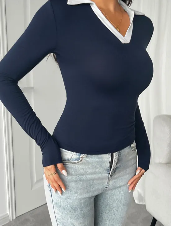 Hot Women's Shirt Blouse Color Block Basic Casual Long Sleeve Shirt Collar Regular Tops Daily Patchwork Black Red Navy Blue Spring Fall Winter Women Blouses & Shirts|Tunic Tops