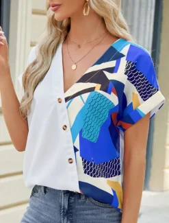 Discount Women's Shirt Blouse Color Block Casual Short Sleeve V Neck Regular Tops Daily Patchwork Buttons Print Blue Fuchsia Green Summer Women Blouses & Shirts