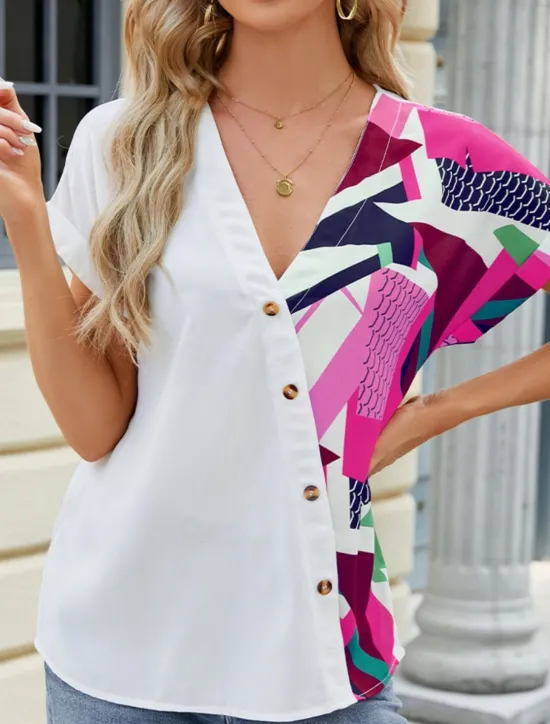Discount Women's Shirt Blouse Color Block Casual Short Sleeve V Neck Regular Tops Daily Patchwork Buttons Print Blue Fuchsia Green Summer Women Blouses & Shirts