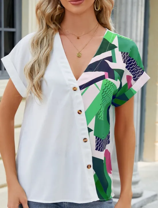 Discount Women's Shirt Blouse Color Block Casual Short Sleeve V Neck Regular Tops Daily Patchwork Buttons Print Blue Fuchsia Green Summer Women Blouses & Shirts