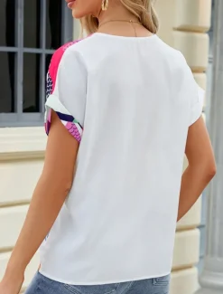 Discount Women's Shirt Blouse Color Block Casual Short Sleeve V Neck Regular Tops Daily Patchwork Buttons Print Blue Fuchsia Green Summer Women Blouses & Shirts