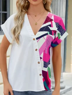 Discount Women's Shirt Blouse Color Block Casual Short Sleeve V Neck Regular Tops Daily Patchwork Buttons Print Blue Fuchsia Green Summer Women Blouses & Shirts